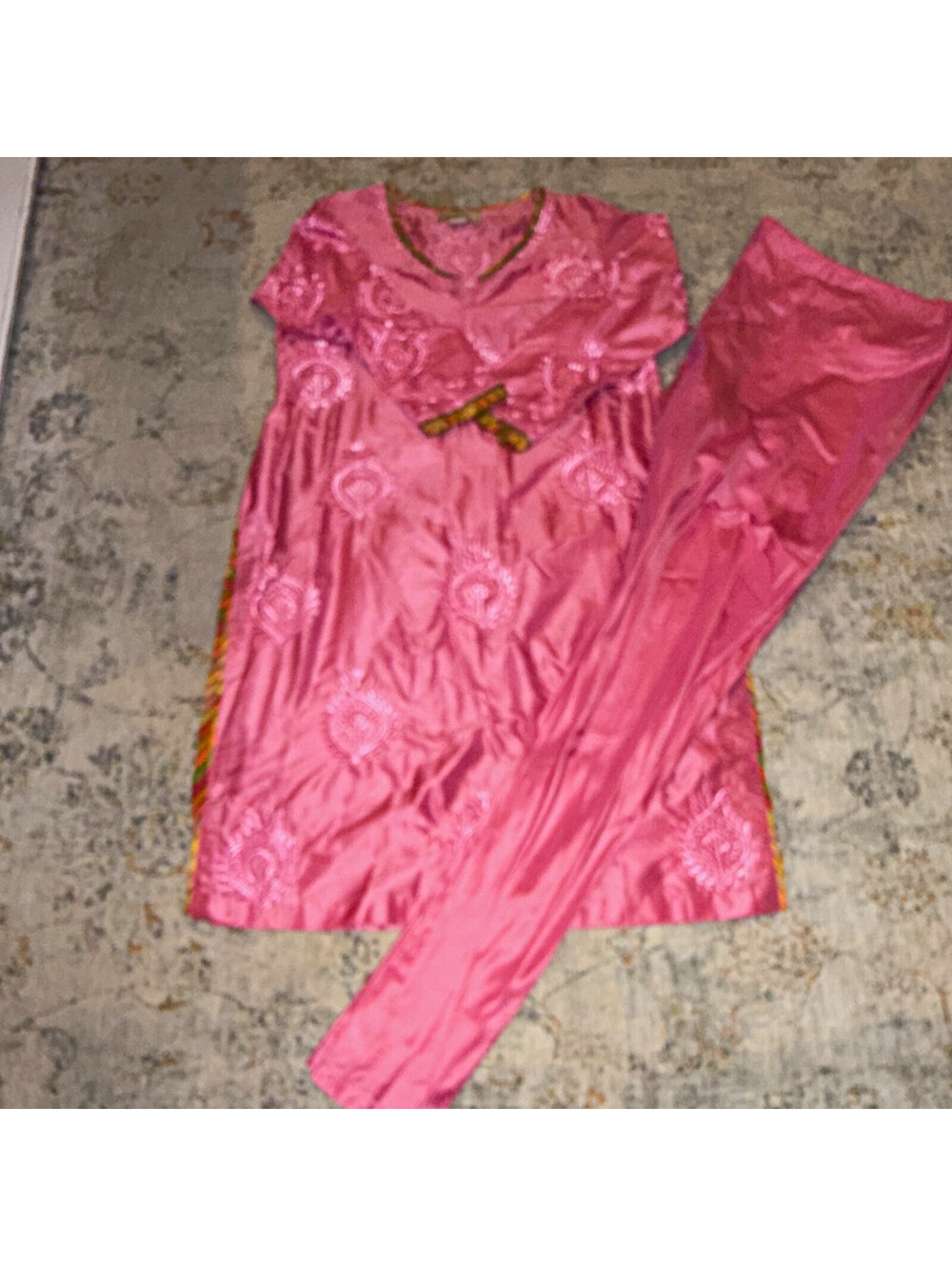 Pallavi Jaikishan Pink Embroidered Silk Satin Salwar Kameez Set, Size M A192